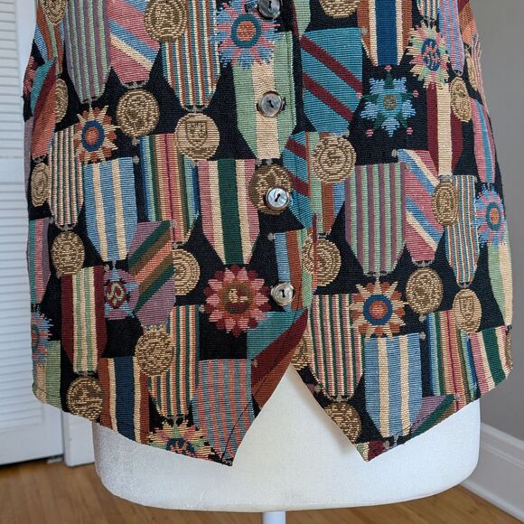 Vintage 90s Mirrors Tapestry Vest Award Ribbons Medals Funky Dark Academia Large - Picture 6 of 10